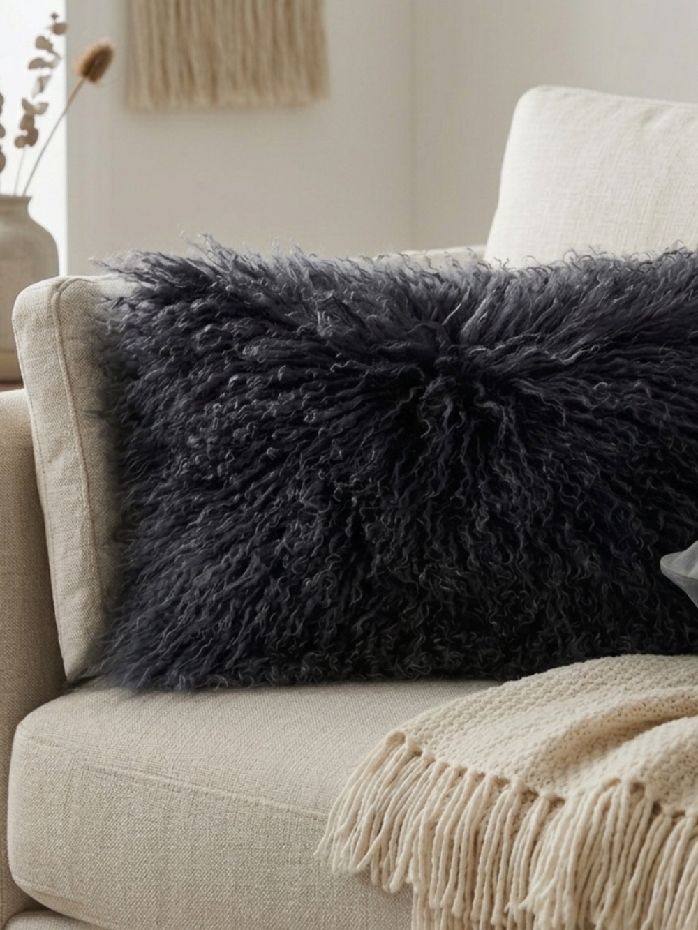 Mongolian Lamb Fur Throw Pillow - Dark Gray